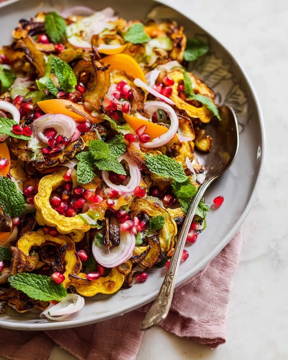 A close-up image of a salad served on a large white plate with a vintage silver fork resting on the right edge, placed on a white marbled surface with a light pink cloth underneath the plate's edge. The salad includes several layers: golden-brown roasted delicata squash slices, translucent white rings of thinly sliced onion scattered evenly across, bright red pomegranate seeds sprinkled throughout, fresh dark green mint leaves placed on top, and thin, pale orange slices of persimmon mixed in. The textures range from soft roasted squash with charred edges to the crispness of onions and the freshness of mint leaves. photo taken with an iphone --ar 4:5 --v 7