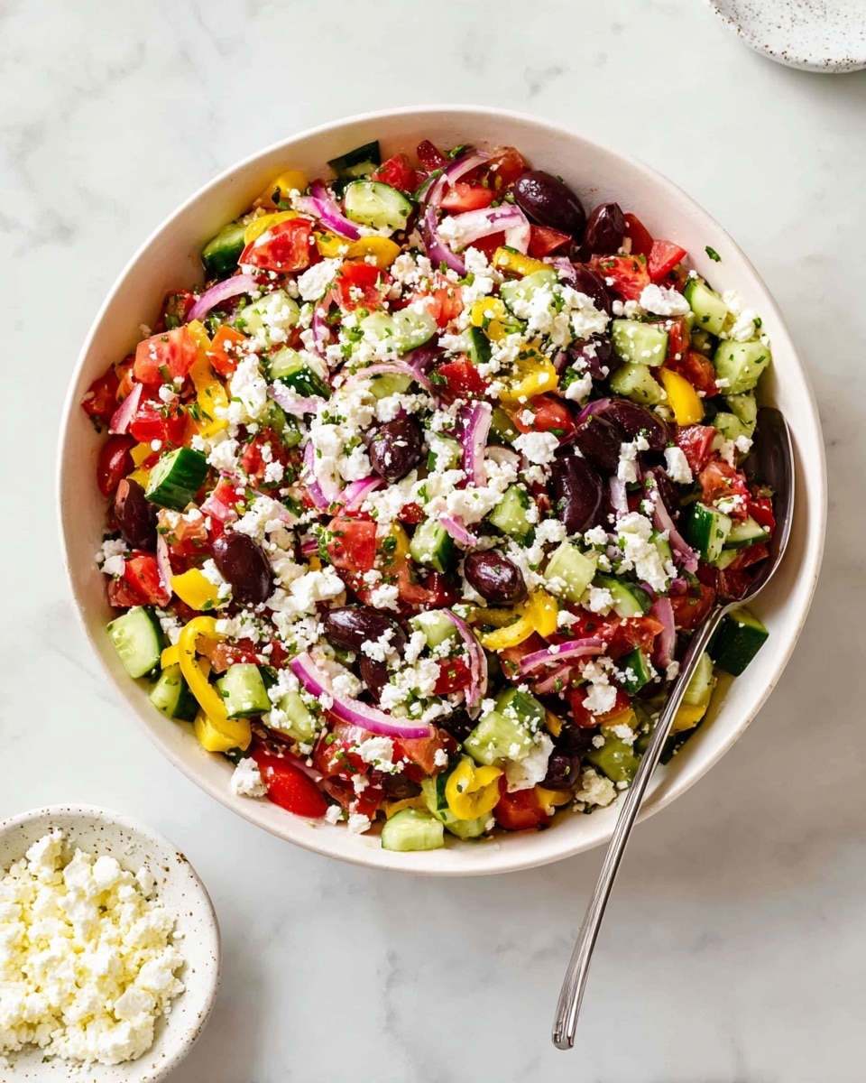 A white bowl filled with a colorful layered salad, starting with a base of chopped green cucumbers and red tomatoes mixed with small pieces of yellow pepper rings and thin slices of purple-red onion scattered throughout. There are dark purple olives layered evenly, topped with white crumbly cheese spread generously across the top. The salad is mixed with small green herb pieces adding a fresh touch. A silver spoon is placed partially in the bowl on the right side. The bowl sits on a white marbled surface with a small white bowl of extra crumbly white cheese visible in the lower left corner. Photo taken with an iphone --ar 4:5 --v 7