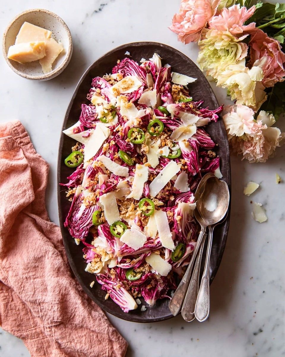 A round white bowl filled with a mixed salad showing three main layers. The bottom layer is brown crushed nuts or seeds with a crumbly texture, spread evenly. The middle layer consists of torn pink radicchio leaves with rough, uneven edges, scattered over the nuts. The top layer is green sliced olives evenly spread, showing their pitted holes. Two silver spoons rest inside the bowl, slightly overlapping, one partially buried in the salad. The bowl sits on a white marbled surface. photo taken with an iphone --ar 4:5 --v 7