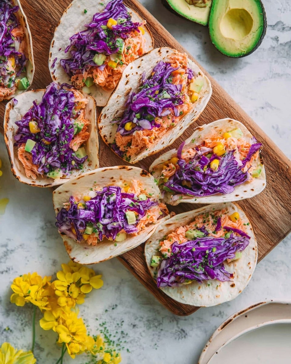 The image shows several small tacos arranged on a wooden board placed on a white marbled surface. Each taco has three layers visible: the bottom soft tortilla is white with light toasted spots, the middle layer is a mix of orange shredded filling that looks like salmon or cooked fish, and the top layer is bright purple shredded cabbage. Some tacos also have small bits of green herbs and corn sprinkled on top. There are two sliced avocado halves with a rich green color beside the tacos, with yellow edible flowers scattered near the bottom left corner. A white plate is partly visible at the lower right corner. The colors are vibrant and fresh, giving a lively look to the food. photo taken with an iphone --ar 4:5 --v 7
