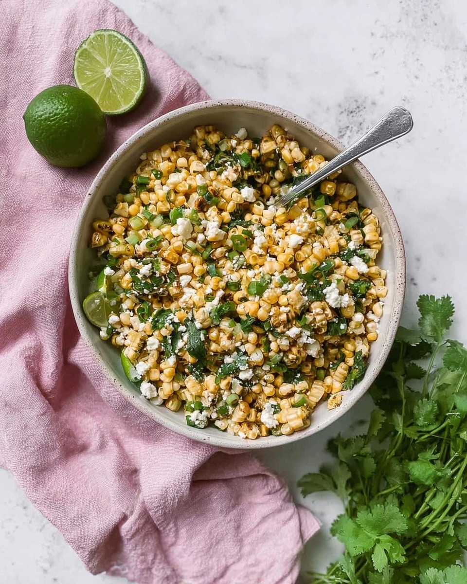 The dish is a bowl filled with small pieces of grilled corn that have a light yellow color with some slightly brown char marks. Mixed evenly with the corn are bits of green herbs and chopped green onions, adding a fresh green color. Crumbled white cheese is scattered throughout, creating small white patches among the corn and greens. On the left side of the bowl, there is a whole green lime and a lime half placed side by side. A silver spoon rests inside the bowl, partly buried in the corn mixture. The bowl sits on a soft pink cloth on a white marbled surface, and fresh green cilantro is nearby on the right side. photo taken with an iphone --ar 4:5 --v 7