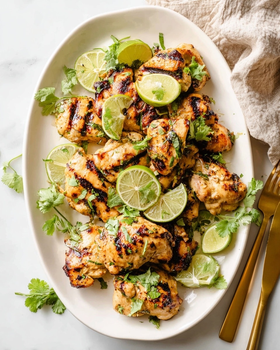 A white oval plate holds a pile of grilled chicken pieces with light brown and slightly charred marks, topped with fresh bright green cilantro leaves. Around and on top of the chicken are several lime wedges with a glossy green rind and pale green inside, adding pops of color. The plate sits on a white marbled surface, with a gold knife and fork partially visible on the right side. A soft beige cloth is loosely arranged in the top right corner. The lighting is bright and natural, highlighting the texture and color contrast of the dish. photo taken with an iphone --ar 4:5 --v 7