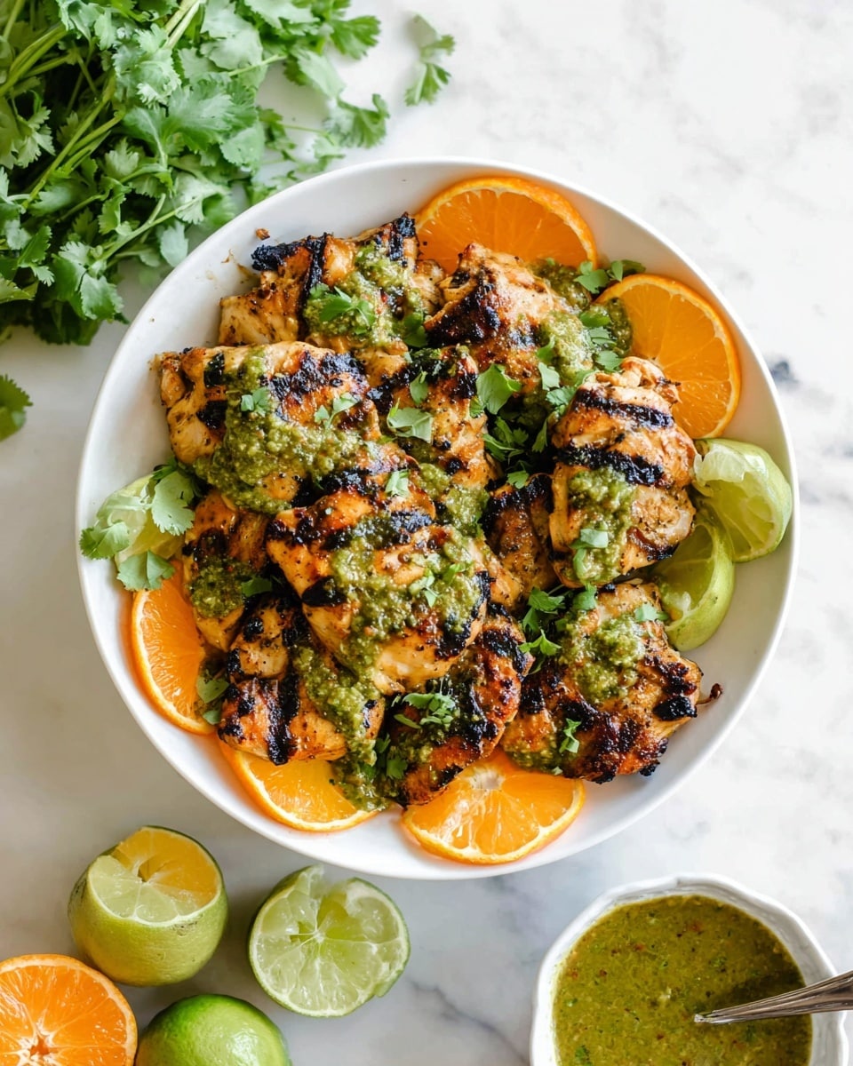 A white bowl filled with grilled chicken pieces that have char marks and are topped with a green sauce. The chicken is garnished with fresh green cilantro leaves and surrounded by thin slices of bright orange and light green lime. In the bottom right corner, there is a small white bowl with more green sauce and a spoon inside it. The background is a white marbled surface with cilantro sprigs and halved limes and oranges placed around the bowl. photo taken with an iphone --ar 4:5 --v 7