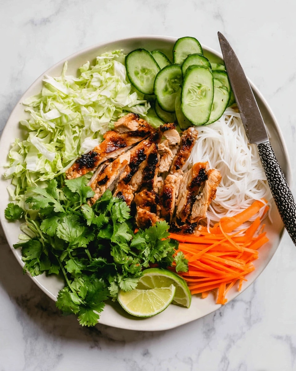 A white round plate with five main layers arranged in sections: on the top left, light green shredded lettuce; next to it on the top right, bright green thin cucumber strips; below the cucumber is a pile of thin, white rice noodles; in the center, medium brown grilled chicken slices with some darker char marks; on the bottom left, bright orange thin carrot sticks. Fresh green cilantro leaves sit in the middle of the dish over the chicken and carrots. Two light green lime wedges are placed on the bottom right near a silver knife with a dark patterned handle. The plate sits on a white marbled surface. photo taken with an iphone --ar 4:5 --v 7