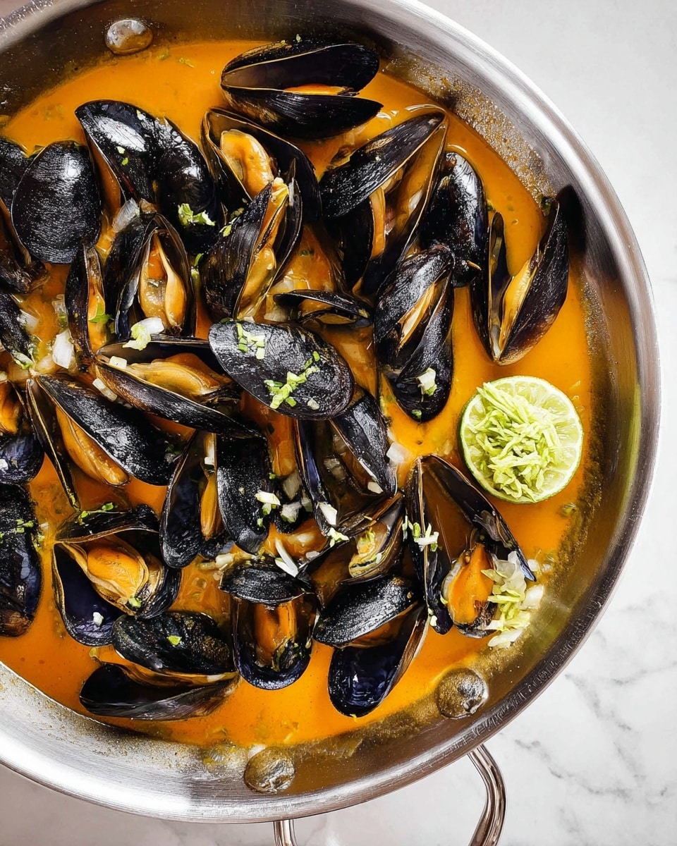 A silver pan filled with a rich orange sauce base, holding many glossy black mussels scattered evenly across the surface. Some mussels are opened, revealing their tender light beige insides, while others stay closed with a shiny shell. Diced pieces of green herbs and white bits of garlic float on the sauce, adding texture and color contrast. On the right side of the pan, there is a squeezed lime half resting on the sauce, its light green shredded pulp visible. The pan sits on a white marbled surface. photo taken with an iphone --ar 4:5 --v 7