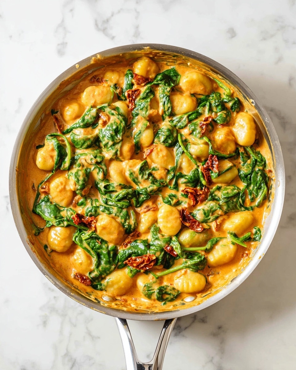 The image shows a skillet filled with a creamy dish made of three main layers. The bottom layer consists of small, round, yellow gnocchi pieces. The middle layer is a rich orange sauce that coats the gnocchi evenly, giving a smooth and slightly glossy texture. The top layer is fresh green spinach leaves mixed throughout the dish, adding a vibrant contrast in color. There are also small bits of red sun-dried tomatoes scattered on top, adding texture and color variation. The skillet is silver with a long handle and placed on a white marbled surface. photo taken with an iphone --ar 4:5 --v 7