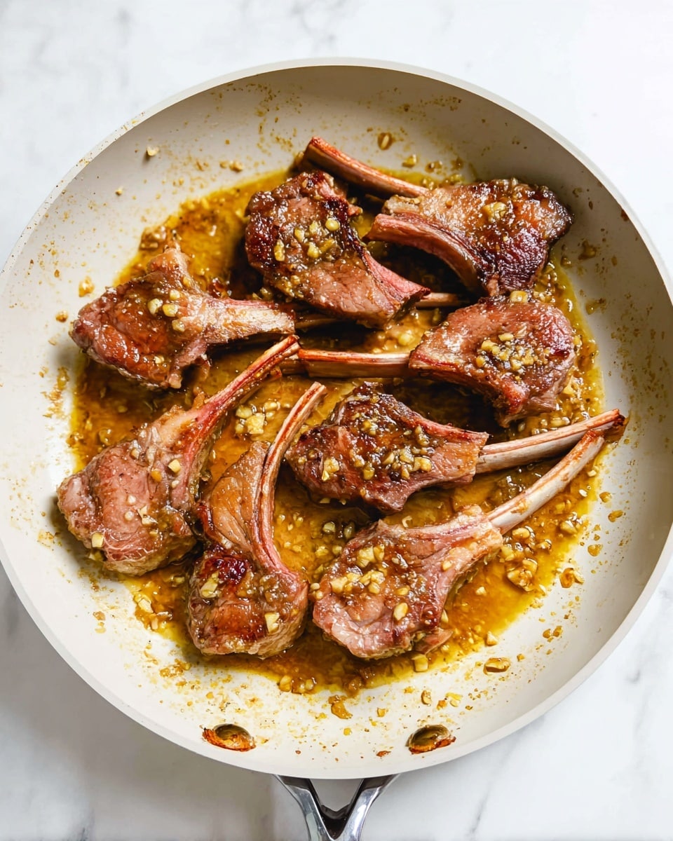The image shows a white frying pan containing nine cooked lamb chops arranged in a slightly overlapping way, with light brown and pinkish meat and bones extending outward. The lamb chops are covered with a glossy golden-brown sauce with small pieces of chopped garlic scattered on the meat and around the pan. The pan rests on a white marbled surface. Photo taken with an iphone --ar 4:5 --v 7