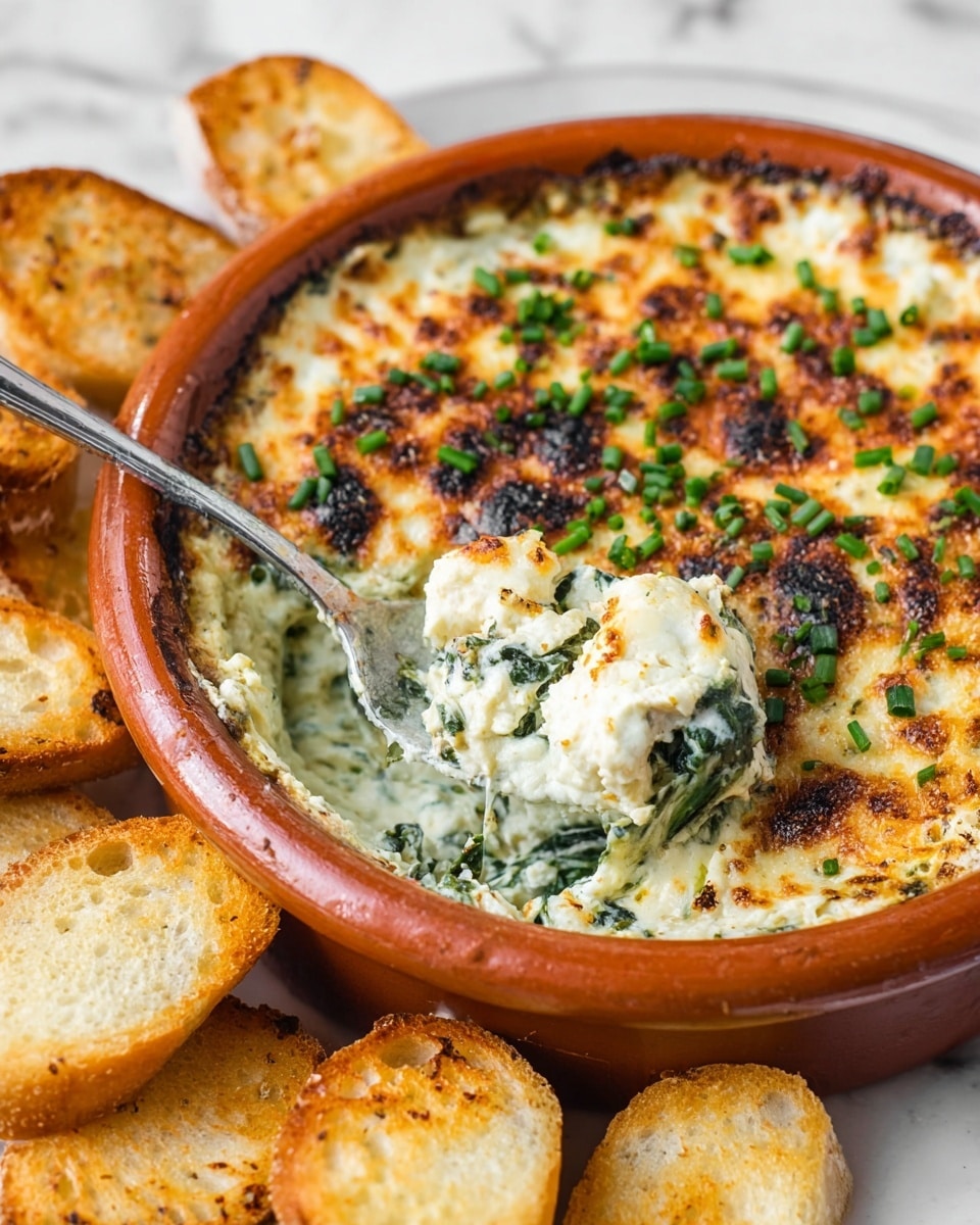 A white bowl filled with creamy spinach dip that has a browned, slightly crispy top layer sprinkled with fresh green herbs. Inside the bowl, a silver spoon is scooping up the soft, thick, white and green dip, showing the creamy texture mixed with spinach. Around the bowl on a white marbled surface are several golden toasted bread slices with a crunchy texture and buttery shine. photo taken with an iphone --ar 4:5 --v 7