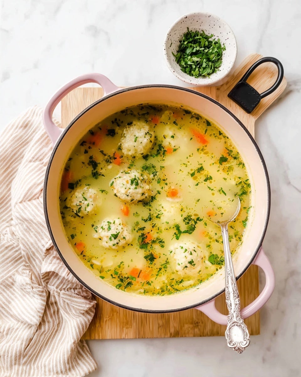 A round pale pink pot with two handles contains a creamy soup with a light yellow broth, speckled with finely chopped green herbs scattered throughout the surface. Inside the soup are soft, round dumplings, some partially visible, along with small diced pieces of orange carrot adding splashes of color. A silver spoon with an intricate handle rests inside the pot on the right side. The pot sits on a wooden cutting board that has a natural light wood color and black leather loop at the top, placed on a white marbled surface. Nearby is a small white speckled bowl filled with fresh bright green herbs. A beige and white striped cloth is casually placed near the pot. Photo taken with an iphone --ar 4:5 --v 7