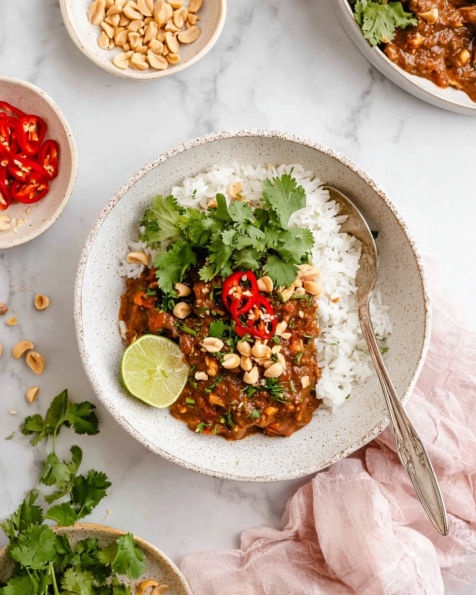 A white speckled bowl holds a layered dish with plain white rice at the bottom, topped with a thick, chunky brown sauce mixed with small pieces of meat or vegetables. On top of the sauce, there are bright green cilantro leaves, chopped peanuts, and slices of red chili peppers. A silver fork rests inside the bowl with its handle pointing outwards. A small wedge of lime sits on the edge of the sauce, adding a pop of green. The bowl is placed on a white marbled surface, surrounded by small white bowls containing chopped peanuts and cilantro, a plate with sliced red chili peppers, some lime wedges, and fresh cilantro sprigs. A pale pink cloth napkin is visible near the bowl. Photo taken with an iphone --ar 4:5 --v 7