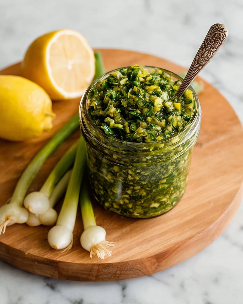 The image shows a clear glass jar filled to the top with a coarse green sauce or relish made of finely chopped herbs and vegetables, showing a mix of dark and light green bits with some small yellow pieces. The jar is placed on a round wooden board with a light natural wood tone. To the left of the jar, there are a halved yellow lemon with the inside exposed and several whole scallions with white bulbs and light green stems. A small silver spoon with delicate decorative details is placed inside the jar on the right side, sticking out at an angle. The whole scene is set on a white marbled surface. photo taken with an iphone --ar 4:5 --v 7