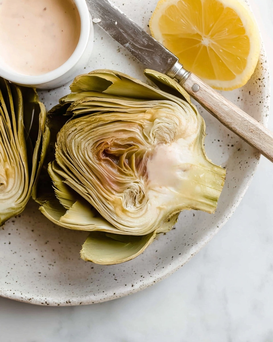 The image shows a close-up of a cooked artichoke cut in half placed on a white speckled plate. The artichoke’s layers are pale green with some light brown shading, showing the soft inner leaves and the fibrous heart at the center. To the top right of the artichoke, there is a half lemon with bright yellow skin and juicy pulp. A silver knife with a light wooden handle rests on the plate towards the upper right, near the artichoke. In the top left corner, there is a small white bowl with a creamy light pink sauce inside. The whole setup is on a white marbled surface. photo taken with an iphone --ar 4:5 --v 7