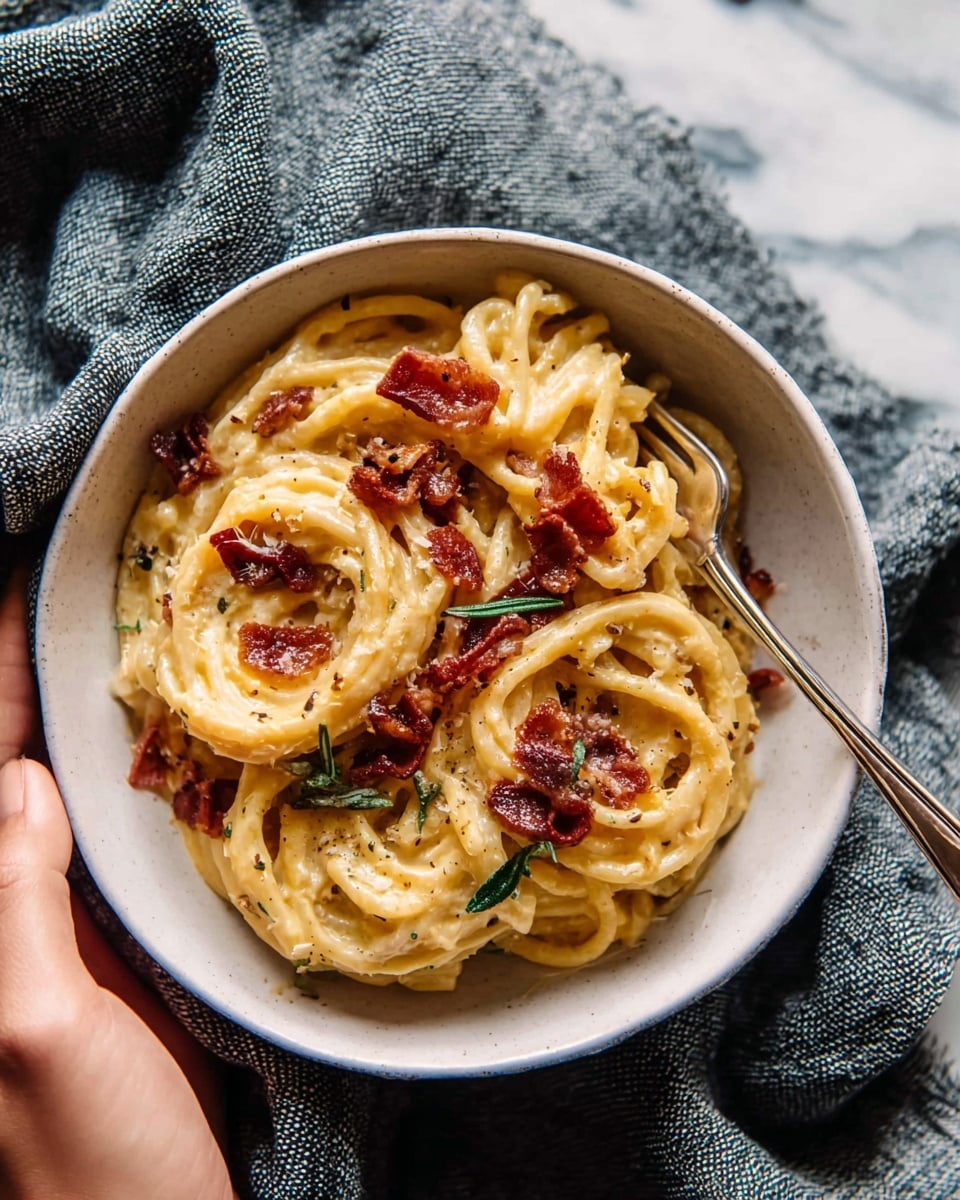 A white bowl holds a creamy pasta dish with thick, round spaghetti noodles coated in a pale yellow sauce. The pasta is topped with scattered dark reddish-brown crispy pieces, likely thin slices of cured meat, and small green herb sprigs, possibly rosemary, adding texture and color contrast. A silver fork rests inside the bowl, and a woman's hand is gently holding the bowl from the side. The bowl is set against a white marbled surface with a soft gray textured cloth nearby. Photo taken with an iphone --ar 4:5 --v 7