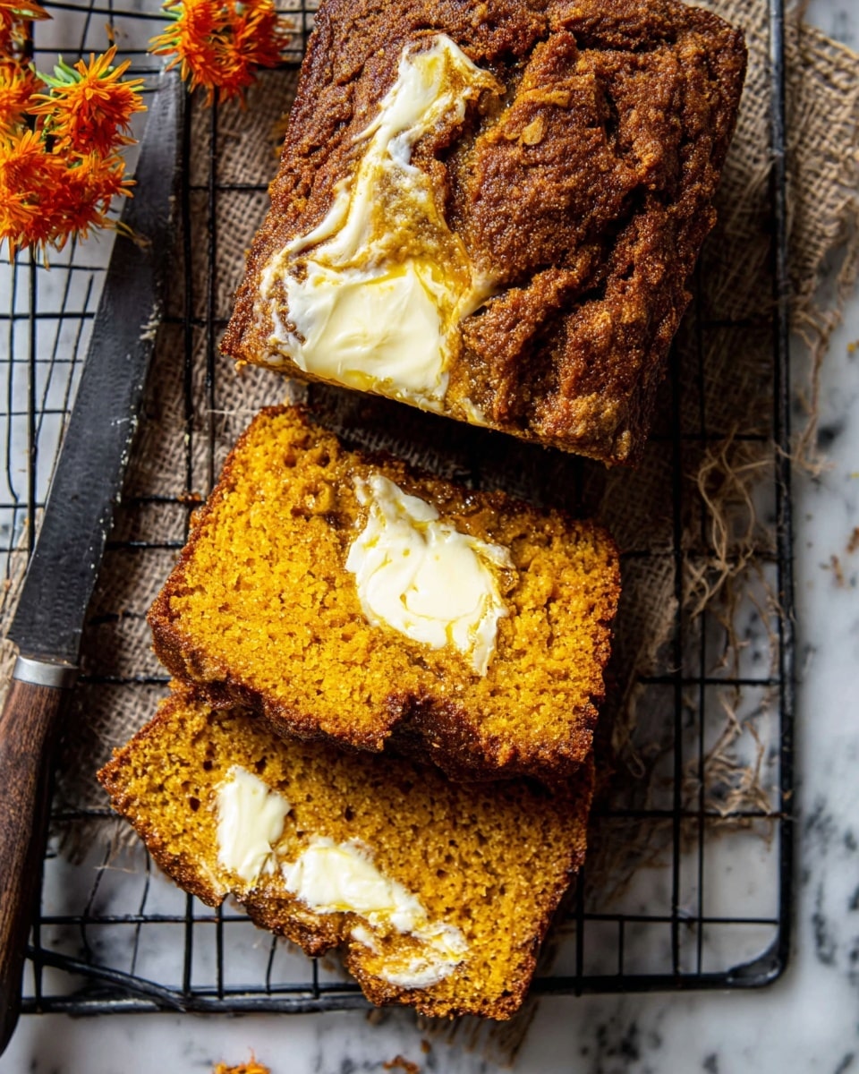 The image shows a loaf of pumpkin bread with a brown, crumbly top crust that has a slightly shiny, glazed look in the middle. The bread is sliced into three thick pieces, showing an orange-yellow soft inside with a moist texture. Each slice has a layer of melted butter in the middle that is creamy white and glossy, adding richness to the bread. The bread sits on a black metal cooling rack on a white marbled surface, with a dark knife placed to the left side. Small orange flowers are seen at the top left corner, adding a pop of color. Photo taken with an iphone --ar 4:5 --v 7
