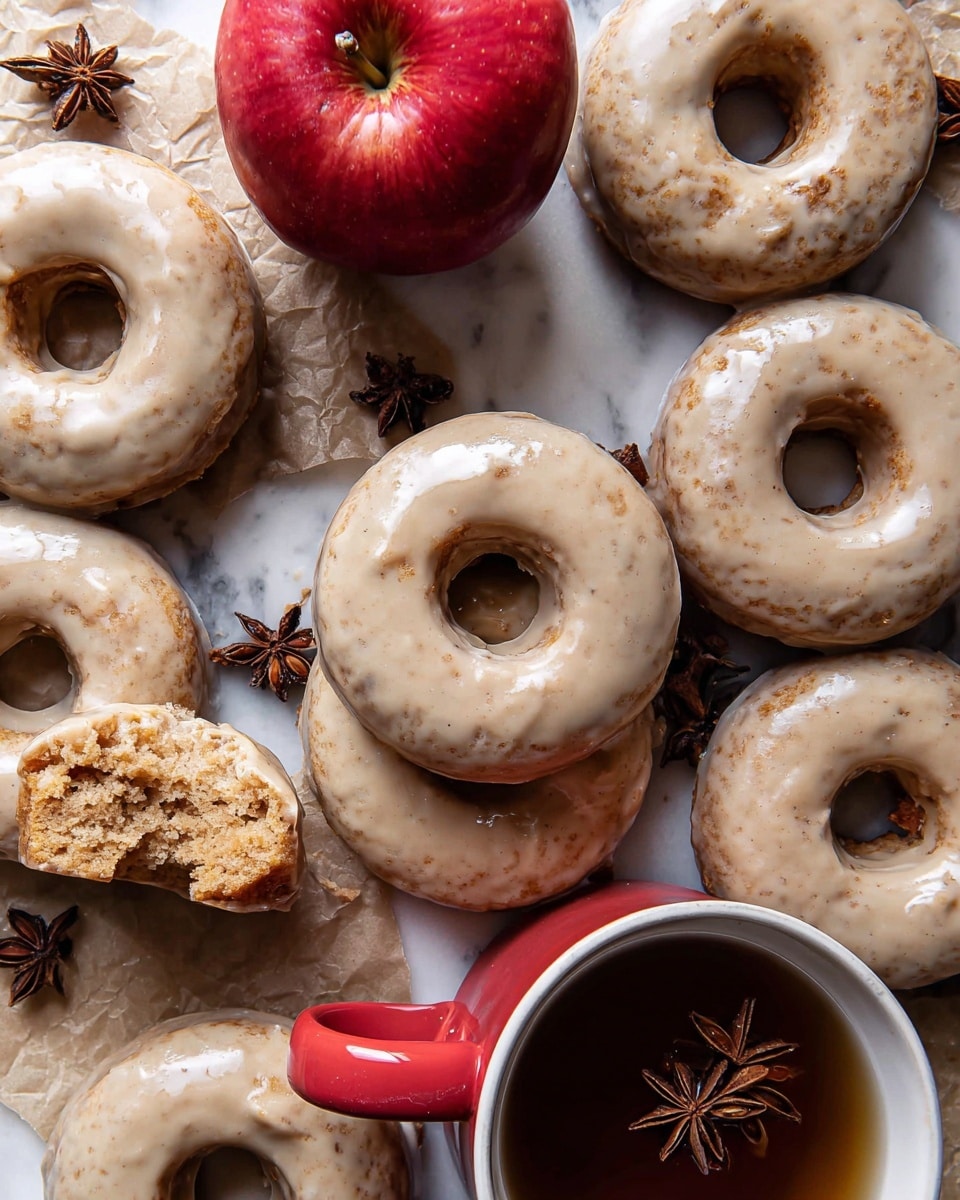 The image shows a group of about nine donuts with light brown glaze on top, each donut having one layer of soft cake visible under the glaze, and some donuts are broken to reveal a crumbly texture inside with small pieces of apple. A shiny red apple is placed near the top center among the donuts, adding a bright contrast. A white cup with a red handle filled with coffee or tea, with star anise floating inside, is located at the bottom right corner. The donuts and apple rest on a white marbled surface, scattered with star anise and pieces of white parchment paper. Photo taken with an iphone --ar 4:5 --v 7