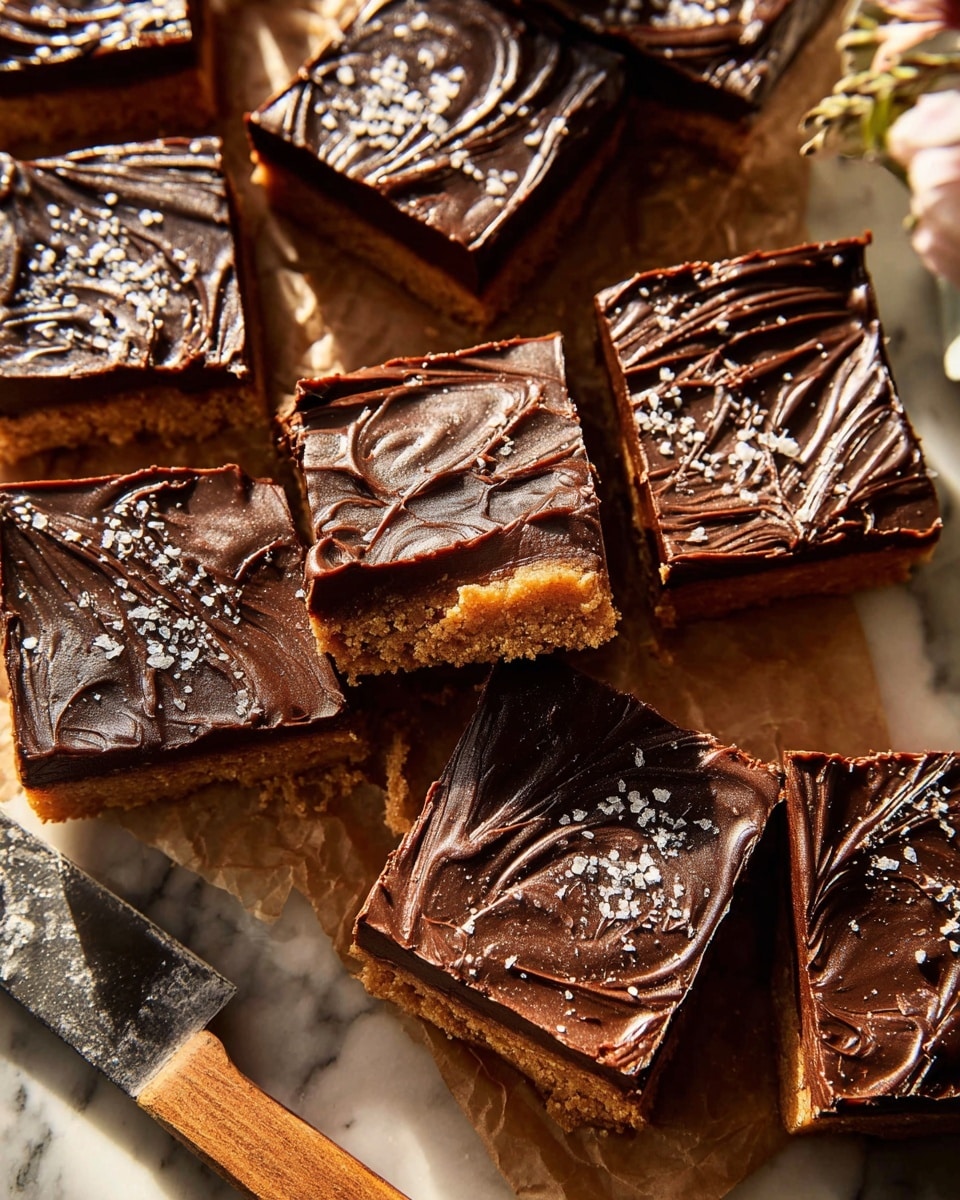 The image shows several square dessert bars with two visible layers: a thick, crumbly, light brown base and a shiny, thick dark chocolate top layer with swirled texture, sprinkled with coarse sea salt. The bars are arranged closely on parchment paper placed on a white marbled surface. A large knife with a wooden handle lies next to the bars. Soft natural light creates warm shadows, highlighting the rich texture of the chocolate and the crumbly base. Photo taken with an iphone --ar 4:5 --v 7