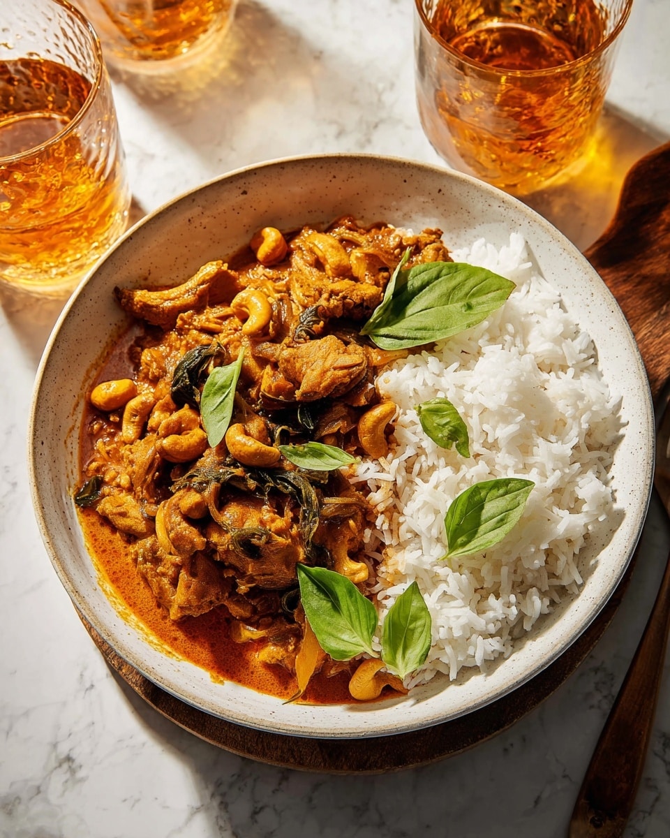 A bowl filled with two main layers: the bottom layer is white fluffy rice, covering about half the bowl. On top of the rice is a thick, rich curry with chunks of cooked brown chicken mixed with soft onions and golden cashew nuts in a deep orange sauce, spreading across the other half of the bowl. Fresh green basil leaves are scattered on top, adding a bright pop of color. The bowl itself is white with a light speckled edge and sits on a white marbled surface with two clear glasses of amber-colored drink nearby. Photo taken with an iphone --ar 4:5 --v 7