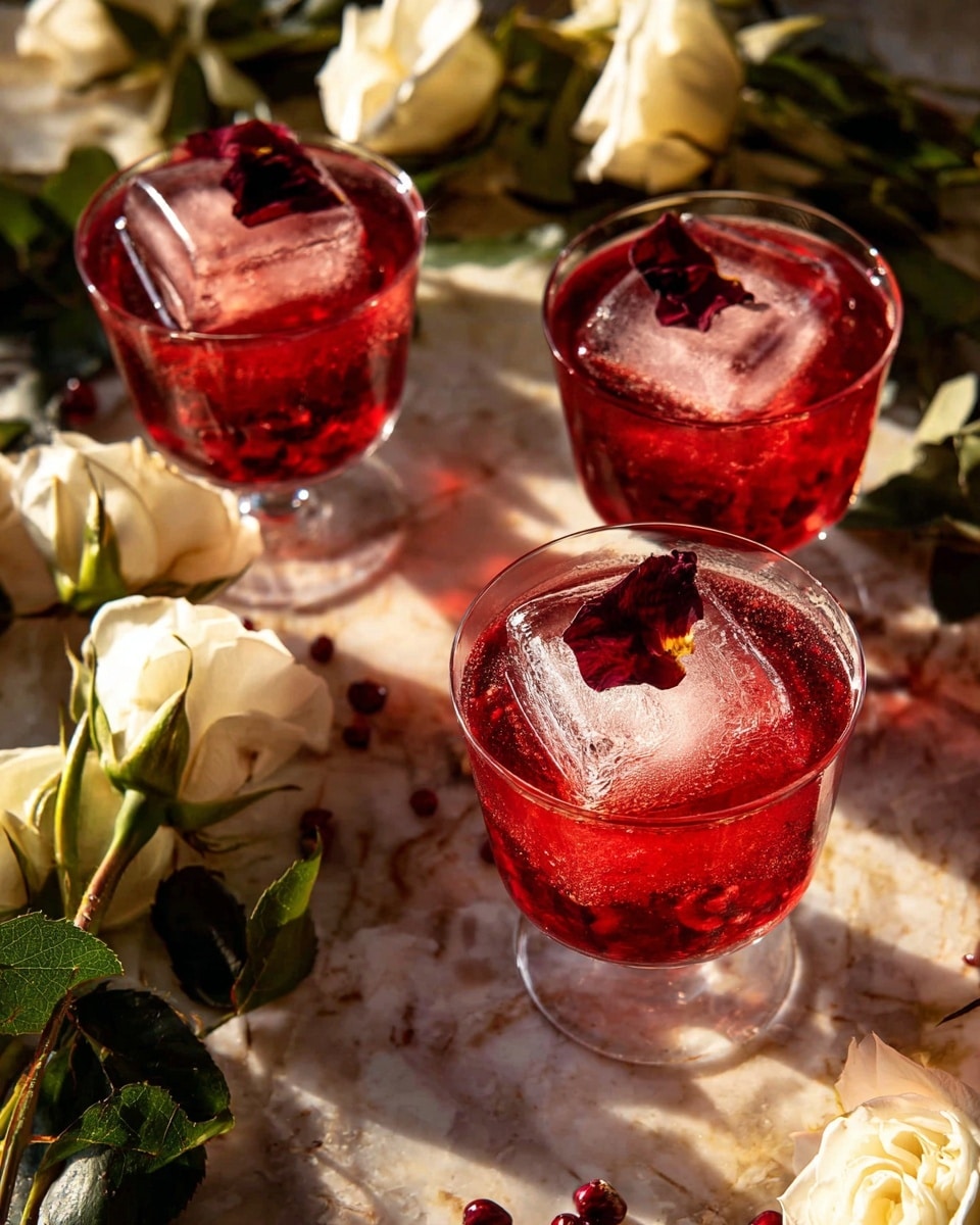 Three clear stemmed glasses hold a deep red drink filled to the brim, each topped with a large clear ice cube and a small dark red flower petal resting on the ice. Tiny red berries float in the liquid, adding texture and color contrast. These glasses are set against a backdrop of white roses with green leaves scattered around, all placed on a white marbled textured surface. The scene is lit with warm sunlight that casts soft shadows and highlights the vibrant colors. photo taken with an iphone --ar 4:5 --v 7