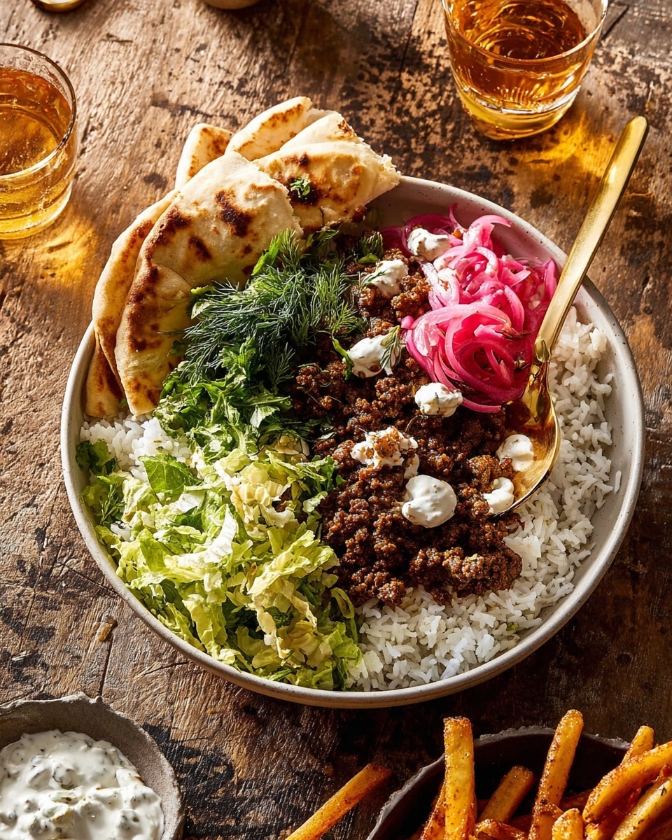 A white bowl filled with a layered dish, starting with a bed of white rice on the right side, topped with dark brown cooked ground meat mixed with cooked onions covered in small dollops of white creamy sauce. The bottom left side has shredded green lettuce with some bright pink pickled onion slices on top, and fresh green herbs like dill and cilantro next to two folded pieces of light brown flatbread leaning against the bowl’s side. A golden spoon is partially placed inside the bowl on the rice side. The bowl sits on a rustic wooden surface with a small glass of light amber drink in the upper right and a small bowl of white creamy sauce near the bottom with some golden, seasoned fries in the lower right. Photo taken with an iphone --ar 4:5 --v 7