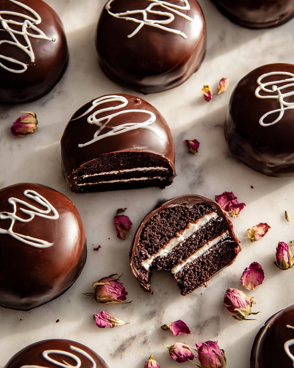 Round chocolate-covered cakes with a shiny, smooth dark brown chocolate layer on the outside, each topped with a white swirl line decoration. Inside, the cakes have multiple dark brown layers of soft chocolate cake and a creamy white filling visible in the one that is split open near the bottom. The cakes sit directly on a white marbled surface, scattered with small dried pink rose buds and petals around them. Photo taken with an iphone --ar 4:5 --v 7