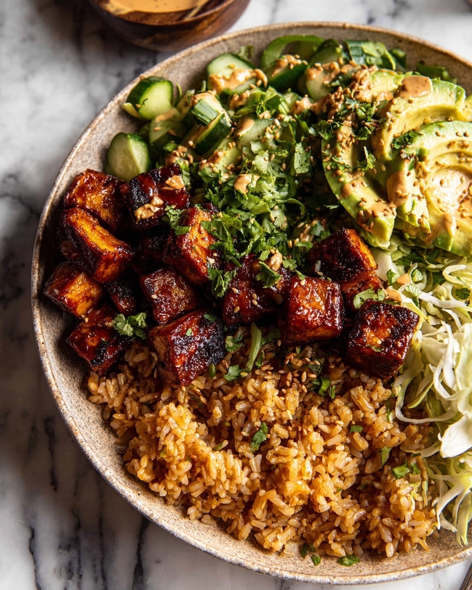 A bowl filled with four main layers on a white marbled surface: the bottom layer is a large bed of brown, oily fried rice with a glossy texture, topped with dark reddish-brown grilled tofu cubes glazed with a shiny sauce, placed mainly on the right side; to the left of the rice, there is a green mix of chopped fresh cilantro and cucumber pieces, soft avocado chunks drizzled with creamy peanut sauce, and shredded white cabbage on the far right. The ingredients are arranged closely, each layer partially overlapping, with a sprinkle of sesame seeds and herbs scattered on top. Photo taken with an iphone --ar 4:5 --v 7