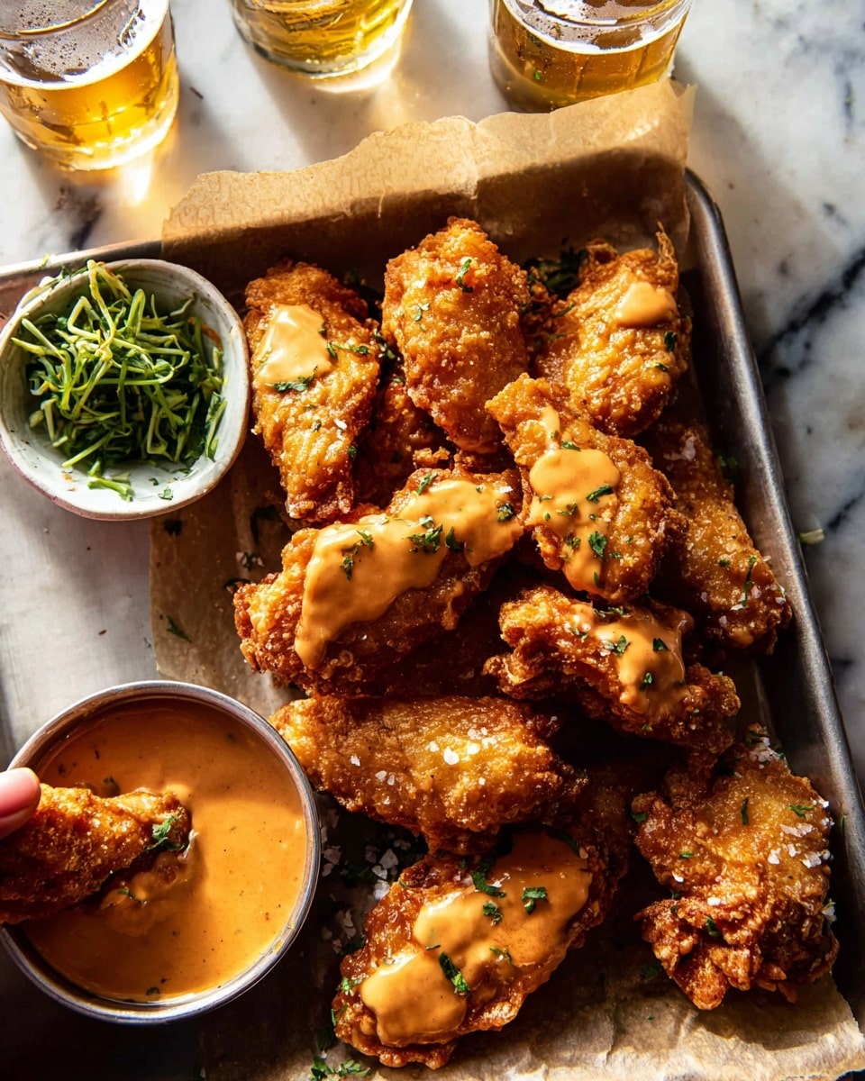 A tray lined with brown parchment paper holds about ten pieces of golden, crispy fried chicken wings. Some wings are partially covered with a light orange creamy sauce that looks smooth and rich. The chicken skin has a crunchy texture and a golden-brown color with small visible sea salt flakes on top. On the left side of the tray, there is a small white bowl with chopped fresh green herbs and shredded green onions. At the bottom left, a woman's hand is dipping one chicken wing into a small round container filled with the same orange sauce. The whole setup is placed on a white marbled surface with two clear glasses of light amber beer in the background. photo taken with an iphone --ar 4:5 --v 7