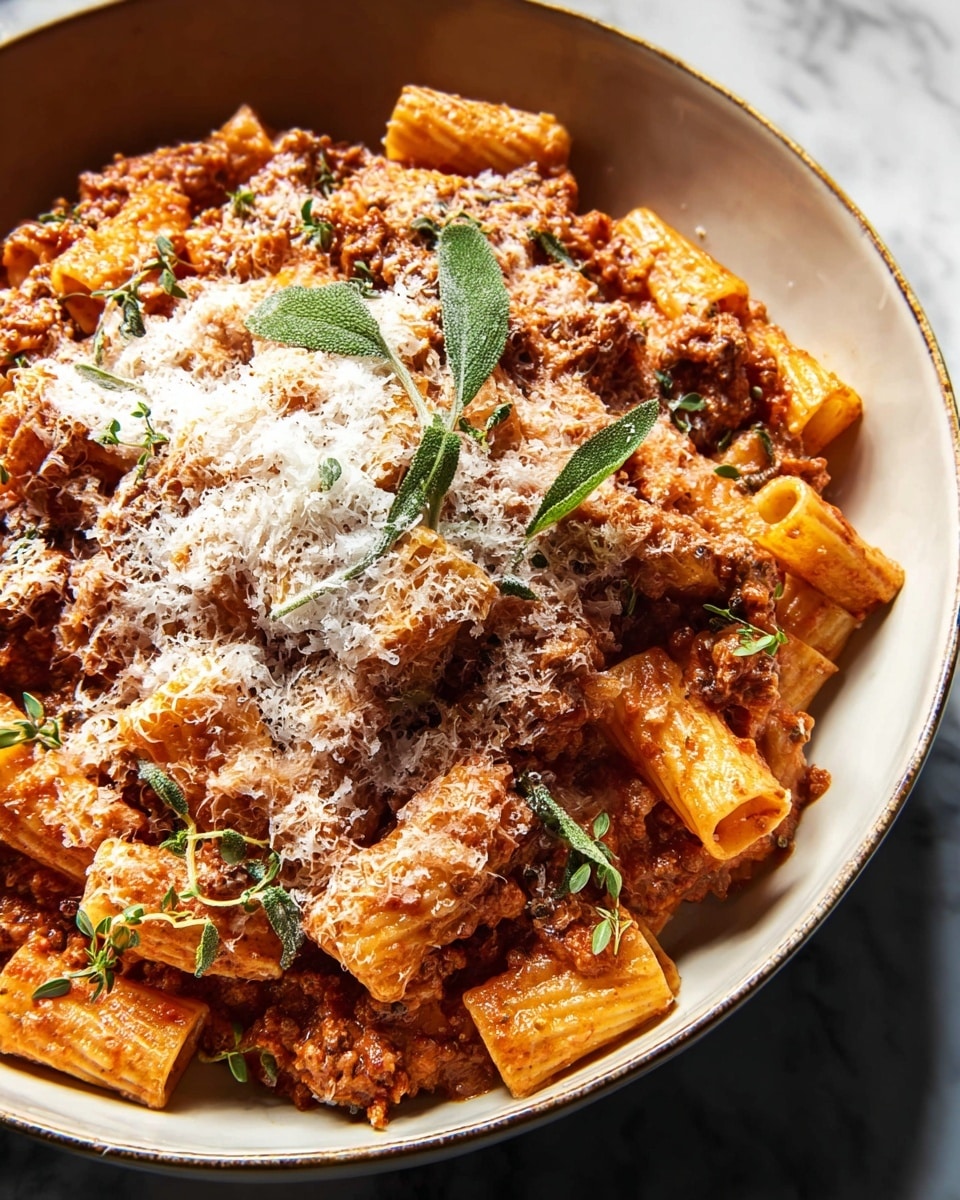 A large white bowl is full of rigatoni pasta covered in a thick reddish-brown meat sauce mixed with creamy elements. The pasta pieces are tube-shaped and have a slightly shiny texture. On top, there is a layer of finely grated white cheese sprinkled evenly, with some bright green fried sage leaves and small fresh herb sprigs adding contrast. The dish fills the bowl almost to the edge, showing a hearty and rich texture. The background is a white marbled surface. photo taken with an iphone --ar 4:5 --v 7