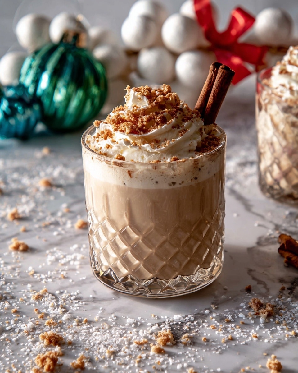 A clear glass with a diamond pattern holds a creamy light brown drink topped with a thick swirl of whipped cream covered in crumbly brown bits. Two cinnamon sticks rest inside the whipped cream on the right side. The glass is placed on a white marbled surface sprinkled with white granules and some brown crumbs scattered around. In the background, there are decorative ornaments including a green and blue shiny object and white balls with red ribbons. photo taken with an iphone --ar 4:5 --v 7