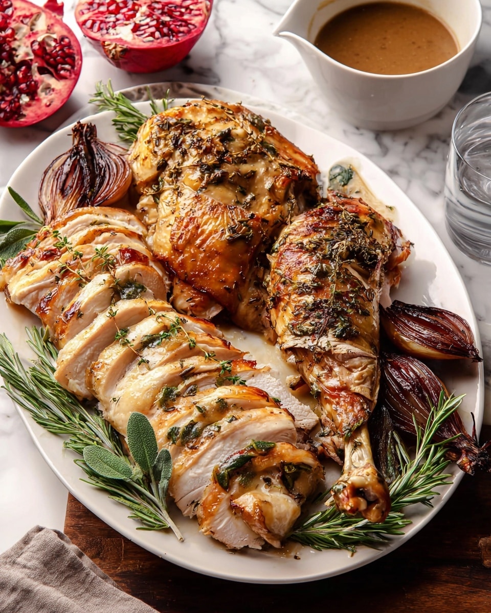 A white plate holds three main sections of golden roasted turkey, arranged from top right to bottom left: the whole leg quarter with crispy skin and herbs on top, the breast sliced into thick pieces with browned, crackling skin layered over pale, juicy meat, and at the very bottom, thinner slices of white meat sprinkled with fresh fried sage leaves. Around the turkey on the plate are roasted onions with a dark caramelized texture, sprigs of fresh rosemary, and a halved pomegranate with deep red seeds peeking out. The plate is set on a white marbled surface, with a bowl of smooth brown gravy topped by fried sage in the top left corner and a glass of water nearby. Photo taken with an iphone --ar 4:5 --v 7