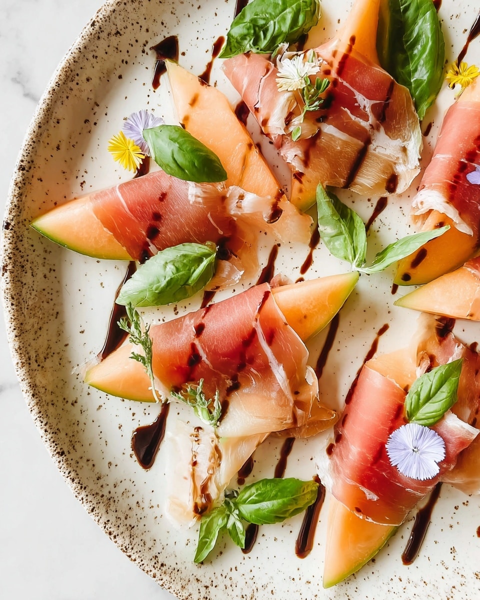 The dish shows several pieces of light orange cantaloupe melon slices as the base layer, each wrapped partially with thin, slightly transparent pink prosciutto layers that have fine white fat streaks. The melon and prosciutto are arranged in a circular pattern on a white speckled plate. Dark brown balsamic glaze is drizzled over the pieces in thin, uneven lines. Bright green torn basil leaves are scattered on and around the slices, adding fresh color. Small white and yellow edible flowers sit partly on top of the prosciutto layers, contributing a delicate decoration. The plate rests on a white marbled surface. photo taken with an iphone --ar 4:5 --v 7