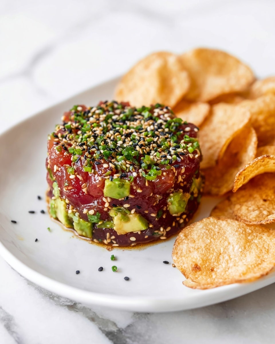 A round mound of finely chopped dark red raw tuna mixed with green avocado pieces forms the center, topped with white and black sesame seeds and small green chopped herbs, giving it a textured and colorful look; this mound sits on a white plate alongside several golden brown, crispy chips arranged around it, all placed on a white marbled background. photo taken with an iphone --ar 4:5 --v 7