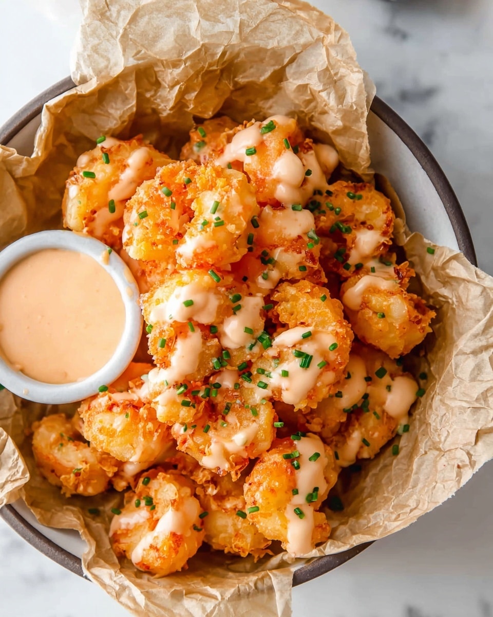 A white plate lined with light brown parchment paper holds a pile of golden-orange shrimp coated in creamy sauce with small green chive pieces sprinkled on top. On the right side of the plate, there is a round small white jar filled with extra orange sauce and a small spoon with a black and white handle inside it. The plate is set on a white marbled surface with a soft beige cloth partially visible around the edges. Photo taken with an iphone --ar 4:5 --v 7