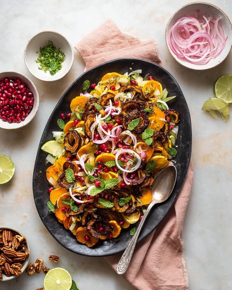 A dark oval plate filled with a mixed salad showing about three layers: the bottom layer has pale orange thin slices of squash, the middle layer consists of dark browned roasted squash rings with a slightly charred texture, and the top layer is decorated with light pink thinly sliced onion rings, bright red pomegranate seeds, and scattered fresh green mint leaves. A lime half sits on the side of the salad, and a silver serving spoon is placed partially on the plate over a pale pink cloth napkin. Around the plate are small white bowls with lime zest, pink pickled onions, red pomegranate seeds, and pecans on a white marbled surface. Photo taken with an iphone --ar 4:5 --v 7