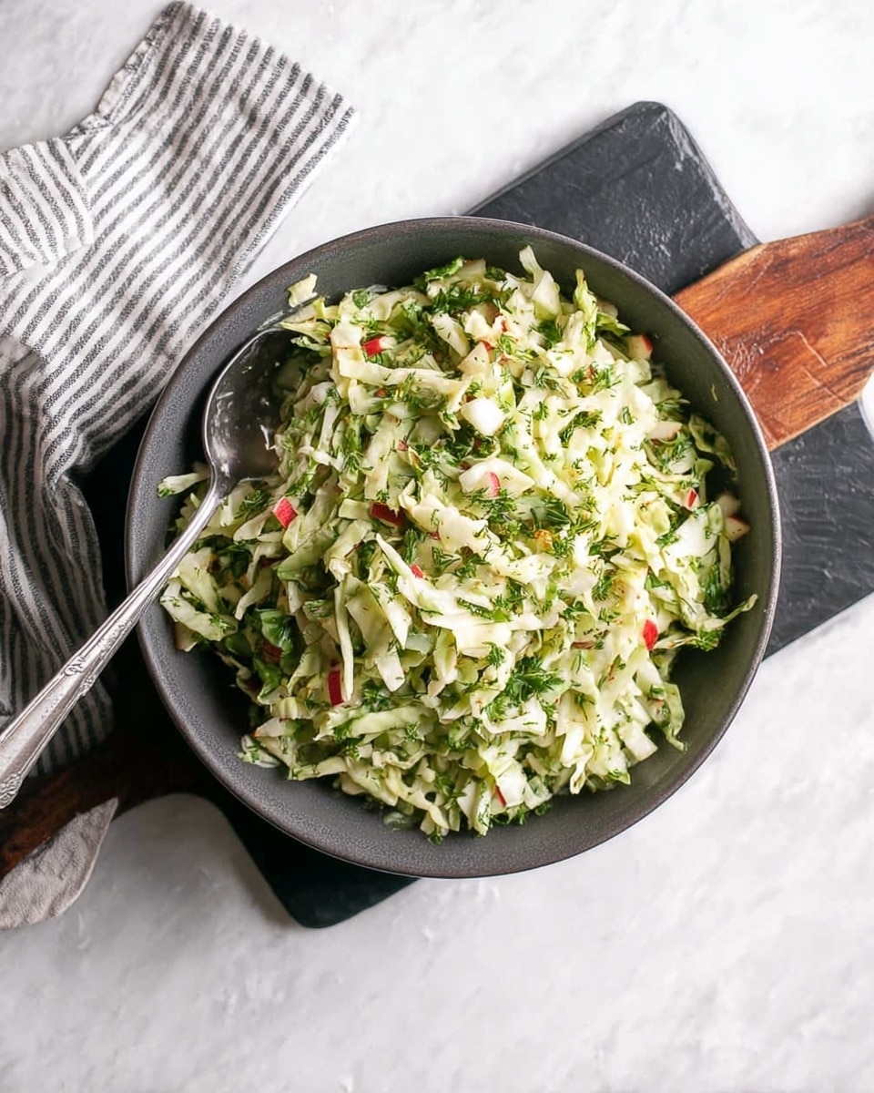 A dark gray bowl is filled with a fresh shredded salad that has thin slices of pale green cabbage mixed with bits of light green herbs and small pieces of red-skinned apple, adding a hint of red and white among the green. A silver spoon sticks out from the side of the bowl. The bowl rests on a thick black board which is placed on a white marbled surface. A striped cloth with shades of white and dark gray peeks out from under the bowl on the left side. photo taken with an iphone --ar 4:5 --v 7