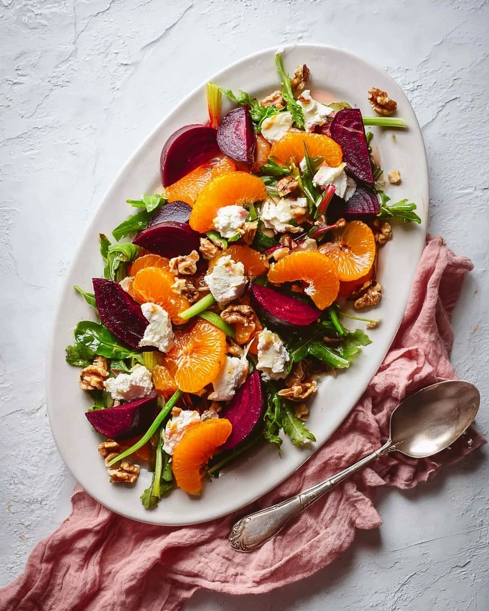 A white oval plate holds a colorful salad arranged in layers: the base is made of leafy beet greens with long green stems, then thick wedges of deep purple-red beets and bright orange slices of persimmon scattered evenly. Among these are round, segmented slices of vibrant orange tangerine placed on top, adding a citrusy pop of color. Small white dollops of goat cheese are spread across the salad, adding texture, while walnuts are sprinkled on for crunch, sitting atop the fruit and greens. A silver spoon rests near the bottom right of the plate on a soft pink cloth napkin with slightly wrinkled fabric. The plate sits on a white marbled textured surface, giving a fresh and clean look. Photo taken with an iphone --ar 4:5 --v 7