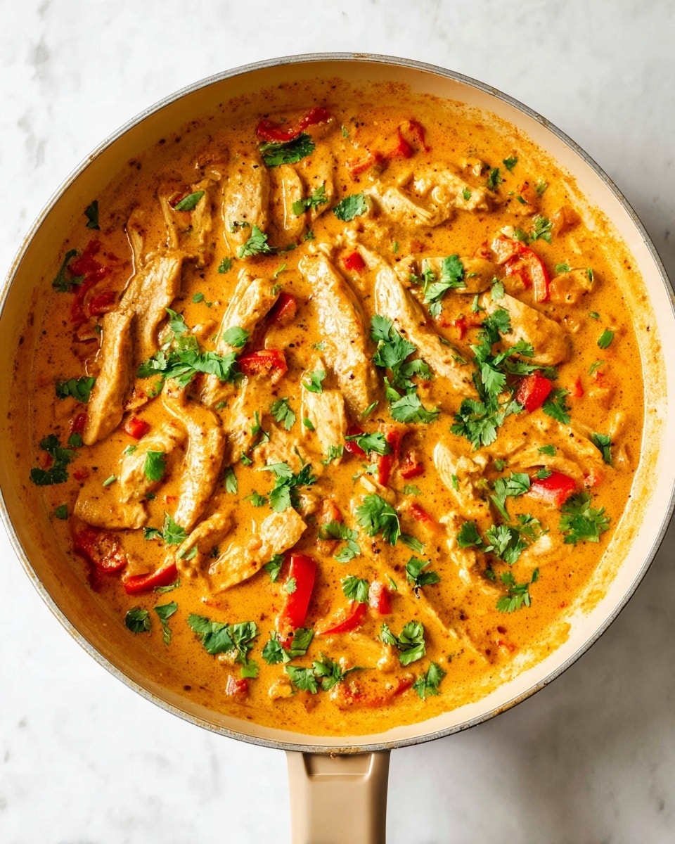 A close-up top view of a pan filled with creamy orange curry sauce covering several light brown strips of cooked chicken spread evenly throughout. Small pieces of bright red bell pepper are scattered in the curry, adding pops of color. Fresh green chopped cilantro leaves are sprinkled on top, giving a fresh and vibrant contrast. The pan has a light beige handle and sits on a white marbled surface. photo taken with an iphone --ar 4:5 --v 7
