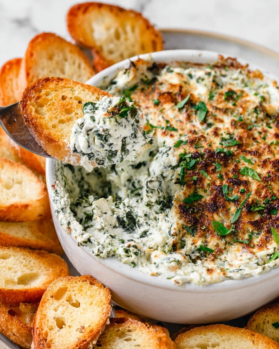 The dish is a baked creamy dip served in a round terracotta bowl, filled to the top with a browned, slightly crispy layer of melted cheese mixed with green herbs scattered throughout. The top layer shows a toasted golden-brown crust with small charred spots and finely chopped fresh green chives sprinkled over it. Inside, the dip is thick and creamy with visible chunks of spinach leaves, showing a soft, white and green texture beneath the crust. A metal spoon is scooping out a portion from the bowl, revealing the dense, cheesy mixture inside. Surrounding the bowl are several slices of golden toasted baguette with a crispy texture, laid on a white marbled surface photo taken with an iphone --ar 4:5 --v 7