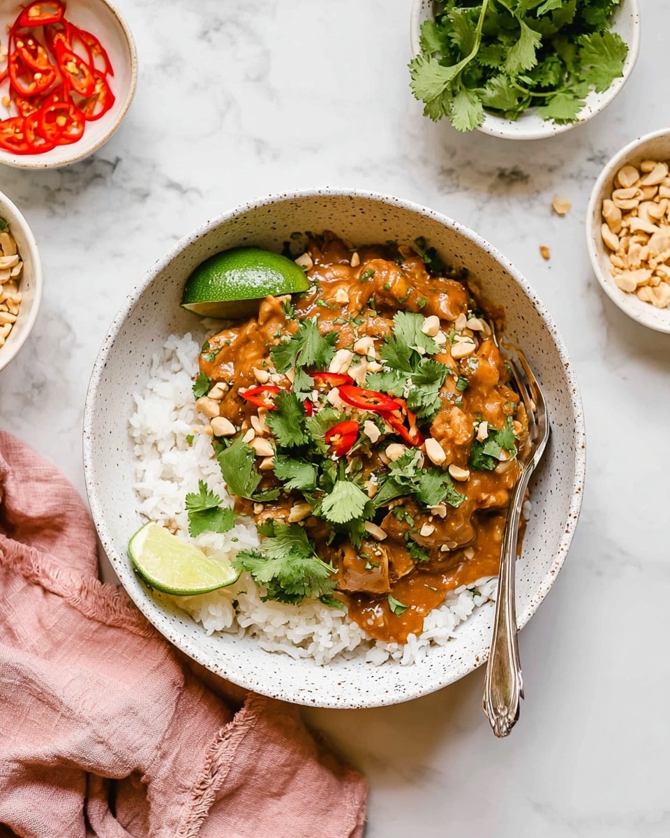 A white speckled bowl contains a base layer of plain white rice topped with a thick, brown peanut sauce mixed with pieces of chicken. On top of the sauce are bright green cilantro leaves, slices of red chili peppers, and chopped peanuts adding texture and color. A small green lime wedge rests on the side of the sauce. A silver fork is placed inside the bowl, partially resting on the rice and the sauce. Around the bowl, on a white marbled surface, are small white bowls with cilantro, chopped peanuts, and red chili slices. A pink cloth napkin is draped near the bowl. The photo taken with an iphone --ar 4:5 --v 7