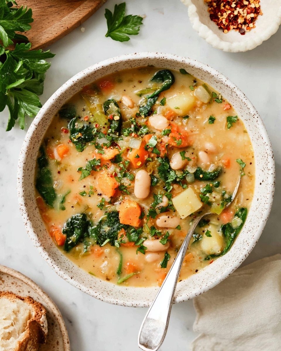 A creamy soup served in a white speckled bowl, filled with chunks of orange carrots, white beans, light yellow potatoes, and bright green spinach leaves, all mixed in a thick, pale golden broth. Fresh green parsley pieces are sprinkled on top for color, and a silver spoon rests inside the bowl on the side. The bowl sits on a white marbled surface, near a torn piece of bread and fresh parsley leaves, with a small white marble bowl containing red pepper flakes on a wooden board nearby. photo taken with an iphone --ar 4:5 --v 7