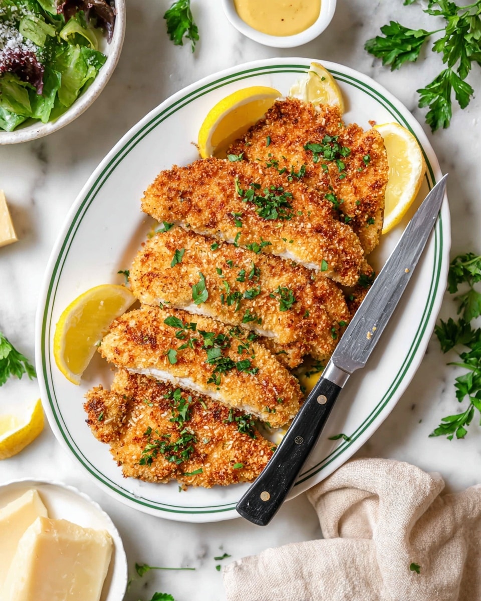 The image shows a white oval plate with a green line around the edge, holding five golden brown, crispy breaded chicken cutlets stacked in layers, each piece coated with a crunchy texture. Bright green parsley leaves are sprinkled on top for color. On the left and right sides of the plate, there are four yellow lemon wedges, adding contrast. A black-handled knife is placed on the right side of the plate, partially under the top cutlet. The plate sits on a white marbled surface with a small bowl of mustard sauce and a piece of cheese visible in the upper left, while parts of a green salad in a white bowl are seen on the left and right edges. A piece of beige cloth is partly visible near the plate, and fresh parsley leaves and lemon halves are scattered around. Photo taken with an iphone --ar 4:5 --v 7