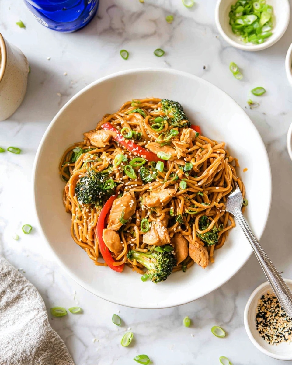 A white bowl filled with a mix of brown stir-fried noodles, bright green broccoli florets, tender pieces of light brown chicken, and thin red bell pepper strips. The noodles and vegetables are coated with a glossy sauce giving a shiny texture. Sprinkled green chopped scallions are scattered on top and around the dish, with some sesame seeds adding small white dots. A silver fork is twirling some noodles near the right edge of the bowl. The bowl sits on a white marbled surface with scattered green scallion slices and sesame seeds around it. Small white bowls with green scallions and other spices are placed near the top right, while a blue bottle container and a beige cup are partially visible in the top left corner. Photo taken with an iphone --ar 4:5 --v 7