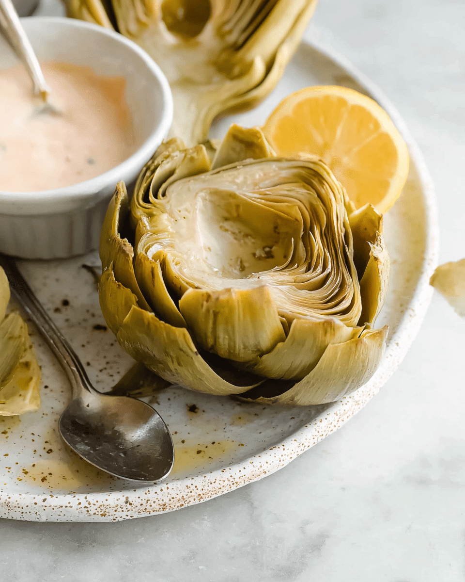 The image shows a close-up of a white speckled plate on a white marbled surface, holding an opened, cooked artichoke with tightly layered, pale green and yellowish leaves that have a soft, slightly glossy texture. Next to the artichoke, there is a metal serving spoon with a yellow lemon half resting nearby, showing its juicy, bright yellow inside. Part of a white bowl with pinkish cream sauce is visible at the top left corner, adding contrast to the earthy tones of the artichoke and lemon. photo taken with an iphone --ar 4:5 --v 7