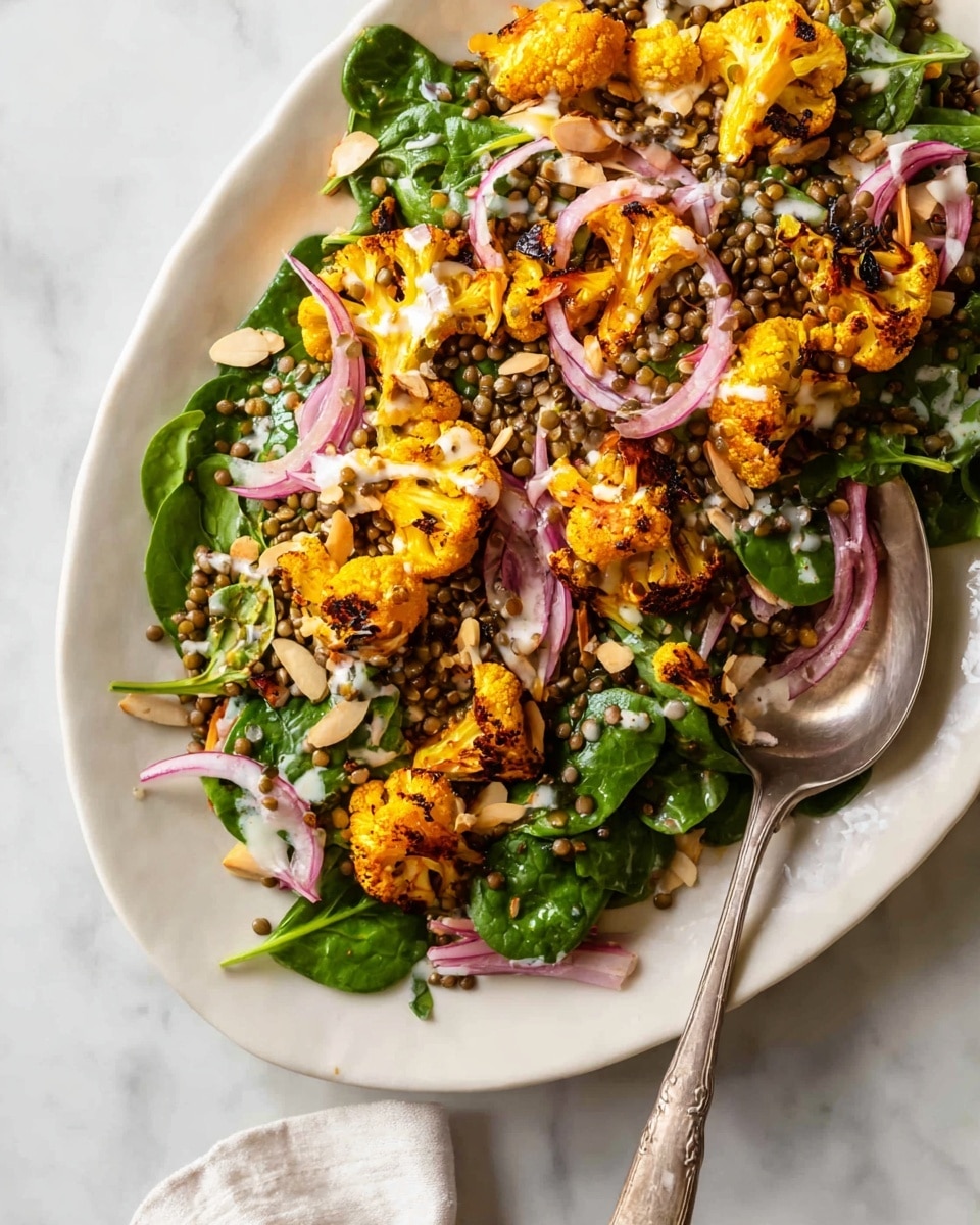 The dish is a colorful salad served on a white oval plate placed on a white marbled surface. The base layer consists of fresh green spinach leaves spread evenly. On top, there are bright yellow-orange roasted cauliflower florets with a slightly charred texture. Thin slices of purple-red onion are scattered throughout, adding contrast and lightness. Small green lentils are sprinkled over the salad, creating a textured middle layer. Thin light beige almond slivers are added in small clusters. A light creamy white dressing is drizzled sparingly over the entire salad. A silver spoon rests on the right side of the plate, partially under the salad. photo taken with an iphone --ar 4:5 --v 7