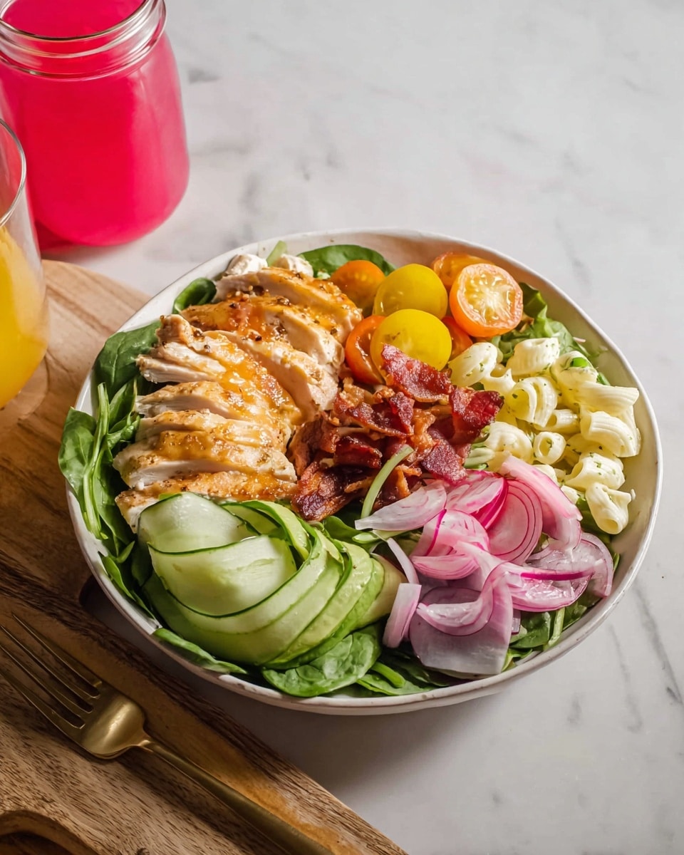 A white bowl filled with layers of fresh salad starts with a base of green leafy spinach, topped with sliced grilled chicken breast arranged neatly on one side with a light golden glaze. Next to it, thin ribbons of green cucumber sit alongside bright yellow cherry tomato halves and thin pale pink radish slices. Crispy brown bacon pieces form the next layer, followed by small pieces of pale macaroni, thin slices of bright purple-red onion, and smooth green avocado slices fanned out at the front. A gold fork rests on the right side of the bowl, contrasting with the white marbled surface beneath. Nearby, a glass of vibrant pink drink is placed next to a jar of orange juice on a light wooden board. Photo taken with an iphone --ar 4:5 --v 7