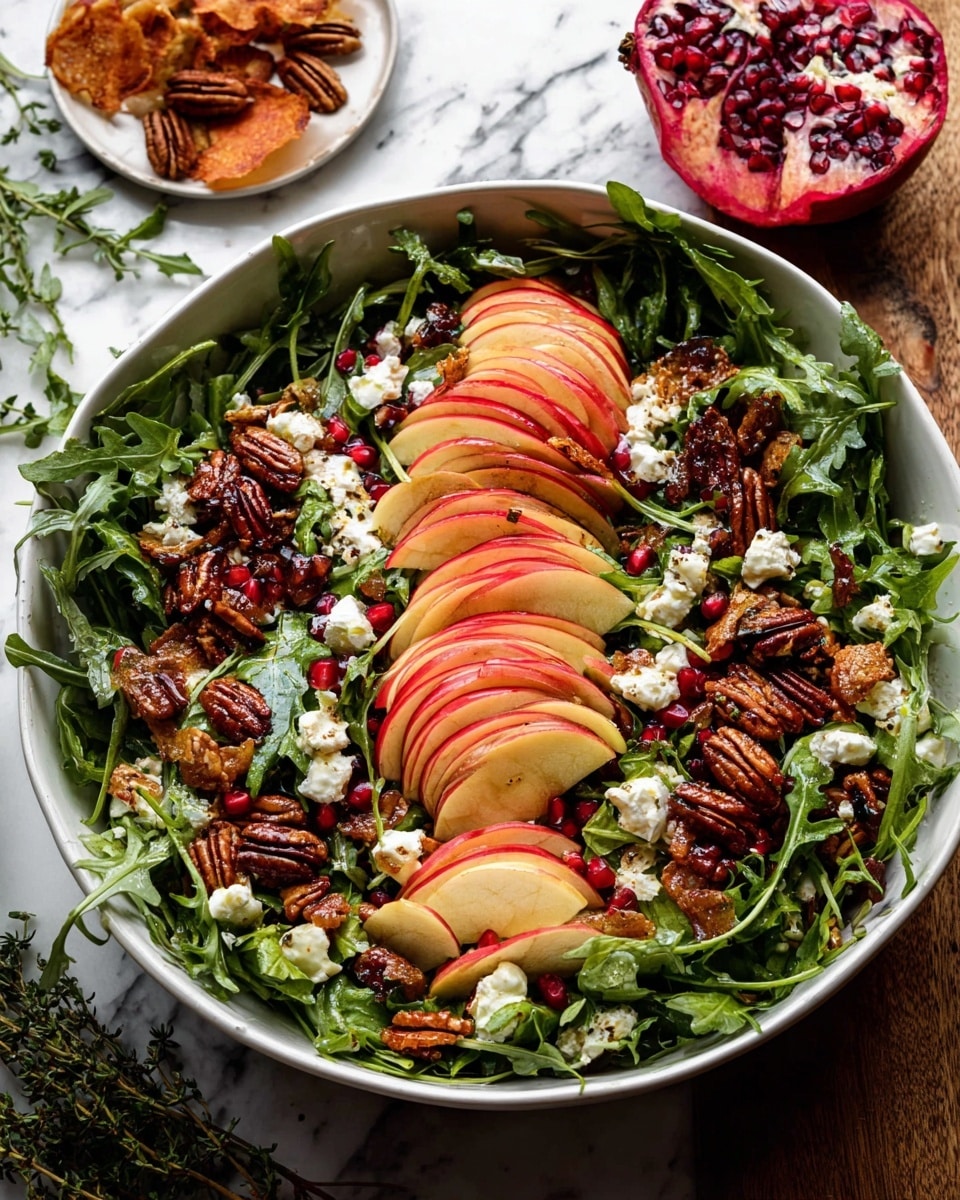 A large white bowl filled with a fresh salad sits on a white marbled surface. The salad has a base layer of dark green arugula leaves spread evenly throughout. On top of this, there are several groups of thin, overlapping red and light cream apple slices arranged in a curved shape. Scattered between the apples and leaves are small clusters of white crumbled cheese, deep red pomegranate seeds, and clusters of glazed pecans and pumpkin seeds with a shiny, sticky texture. There are also a few pieces of reddish-brown dried fruit or vegetable chips mixed in. In the background, half a pomegranate with bright red seeds is placed on a small white plate alongside a few green herb sprigs, with some of the nuts scattered nearby. Photo taken with an iphone --ar 4:5 --v 7