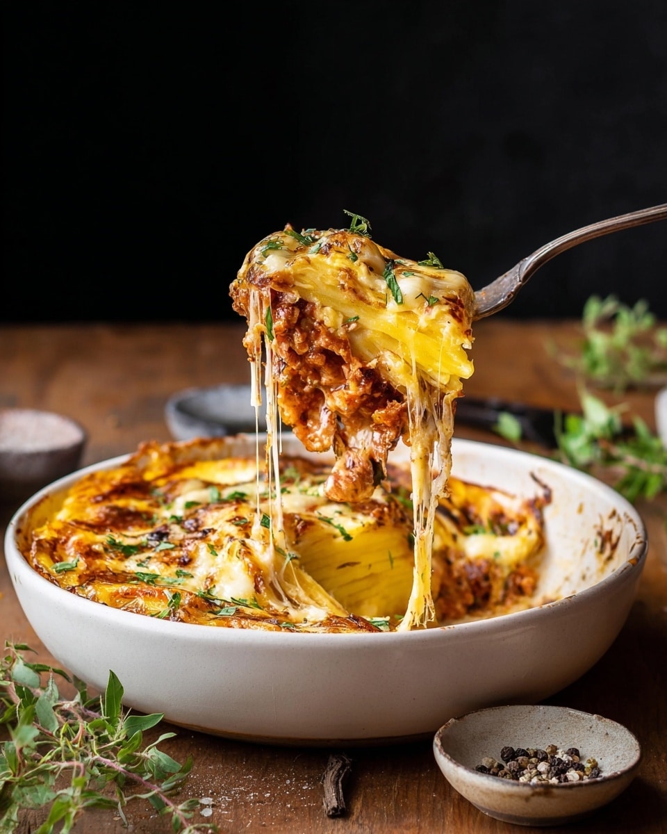 The dish shows a white bowl filled with a layered baked casserole, featuring a golden-brown top layer of melted cheese with some green herbs scattered on it. The casserole has a thick yellow base layer, likely a vegetable or pasta, topped by a generous portion of reddish-brown sauce mixed with melted cheese that stretches as a fork lifts a bite. The lifted portion also shows cheese strings and bits of herbs, and the bowl sits on a wooden table with some green herb leaves and a small dish of cracked black pepper nearby. The background is dark, highlighting the warm colors of the dish. Photo taken with an iphone --ar 4:5 --v 7