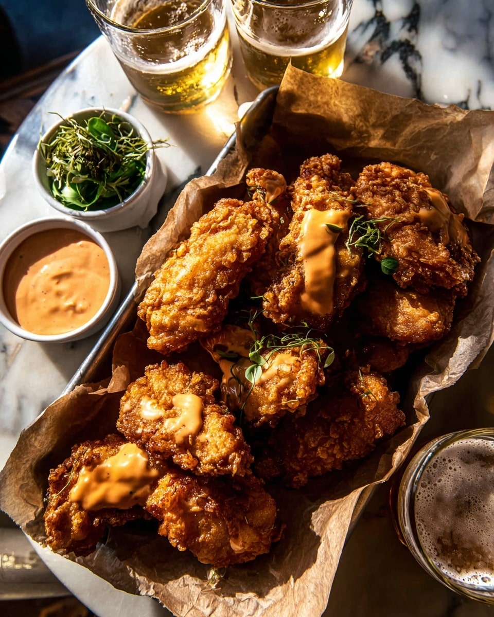 A tray lined with brown paper holds about ten pieces of crispy fried chicken, each piece golden brown and crunchy, with some pieces topped with a smooth light orange sauce. To the left of the chicken are two small white bowls; one filled with a creamy orange dipping sauce, and the other with fresh green herbs. In the background, two clear glasses of beer sit on a white marbled surface, shimmering with light. The overall scene is warm and inviting with rich textures and colors. photo taken with an iphone --ar 4:5 --v 7