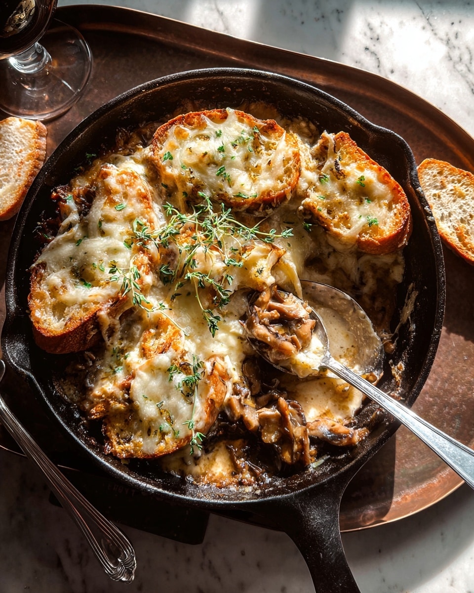 The dish is in a black cast iron skillet with three layers visible: the bottom layer is a rich brown caramelized onion and mushroom mix with a slightly glossy texture, the middle layer is a smooth, golden cream sauce, and the top layer consists of toasted slices of crusty bread covered with melted, bubbly white cheese, sprinkled with fresh green thyme leaves. Two silver spoons rest inside, one scooping some of the dish, showing the creamy sauce and soft mushrooms underneath. The skillet sits on a dark metal tray on a white marbled surface, with soft light casting warm, inviting shadows. photo taken with an iphone --ar 4:5 --v 7