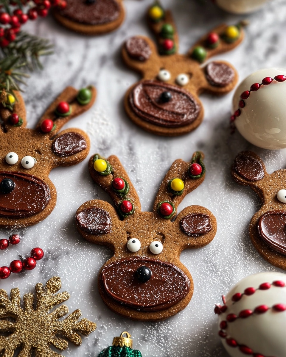 The image shows several gingerbread cookies shaped like reindeer, each with three main layers: a base layer of brown gingerbread cookie, a smooth dark brown frosting layer covering the face area, and thin antlers decorated with small multicolored candy balls in red, green, yellow, and gold. Each cookie has two round white eyes with black dots and a small round nose made from the same dark brown frosting. The cookies lie on a white marbled surface dusted with powdered sugar, alongside white Christmas ornaments decorated with red and brown beads and a small green miniature tree. A glittery gold snowflake decoration is also partially visible. photo taken with an iphone --ar 4:5 --v 7