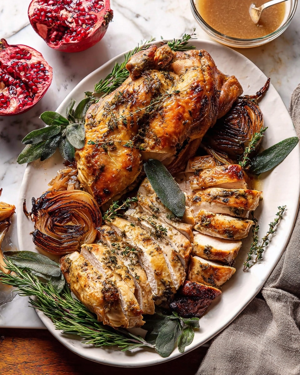 A large white plate holds three parts of roasted chicken arranged in layers: a whole leg quarter with crispy golden skin seasoned with herbs on the top right, a sliced breast with deep golden seared skin in the center, and another sliced breast with lighter skin and herbs at the bottom. Crispy fried sage leaves are scattered on top of the chicken pieces. On the plate's left and bottom edges, there are charred roasted onion halves with a golden-brown surface, and bright green rosemary sprigs add fresh color around the chicken. A halved pomegranate with shiny red seeds is placed near the top left of the plate. The plate is set on a white marbled textured surface with part of a light gray cloth on the right side. In the background, a glass bowl of light brown sauce with a fried sage leaf floating on top, a small glass of clear water, and another half of a pomegranate are visible. photo taken with an iphone --ar 4:5 --v 7